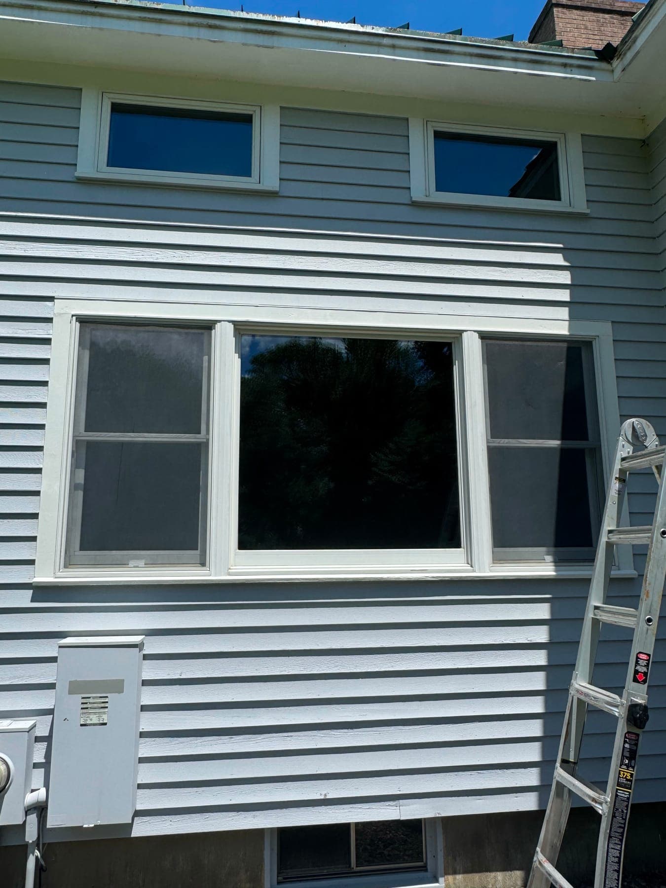 A pair of windows with new casings and sill on a pale clapboard wall, a ladder beside them