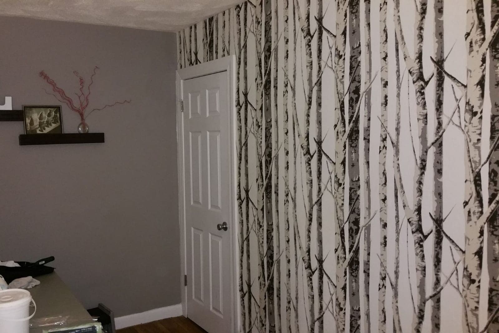 Birch-tree wallpaper going up in a hallway beside a door, floor still bare