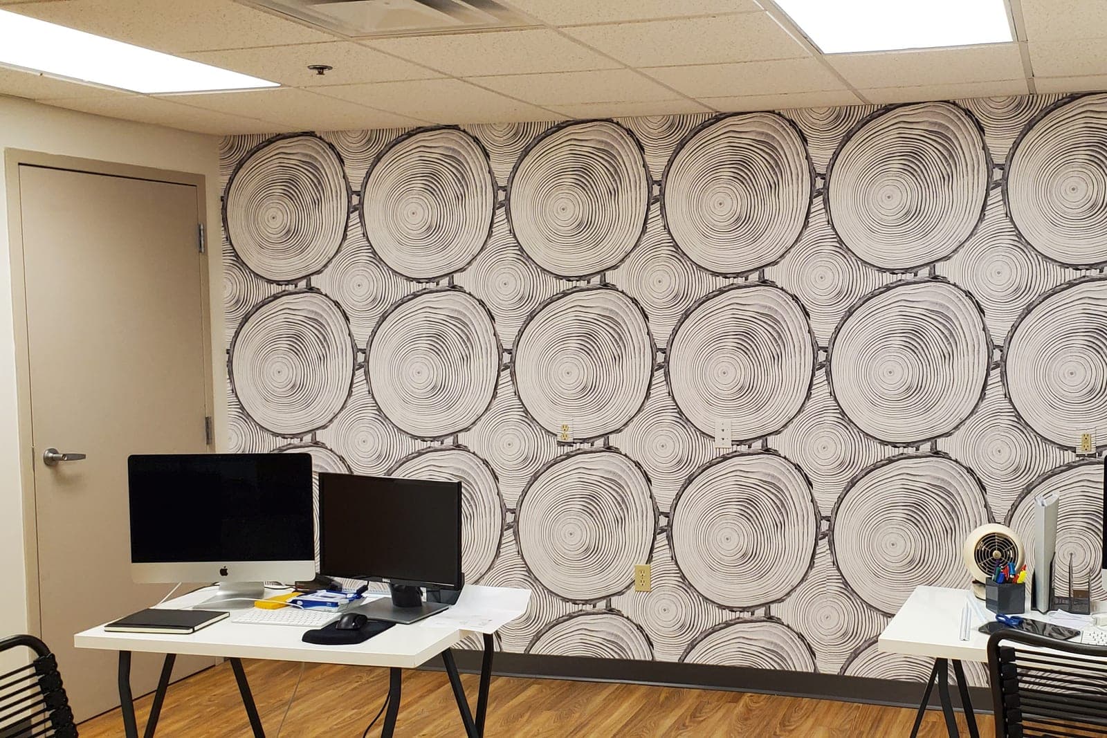 Office with a bold circular-ring wallcovering behind two desks and monitors
